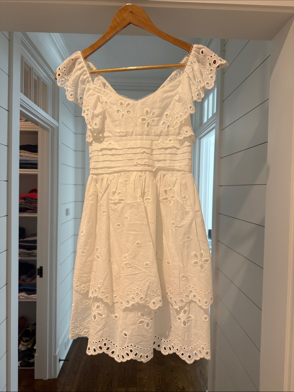 White Eyelet Cotton Mini Dress with Ruffle Cap Sleeves, medium